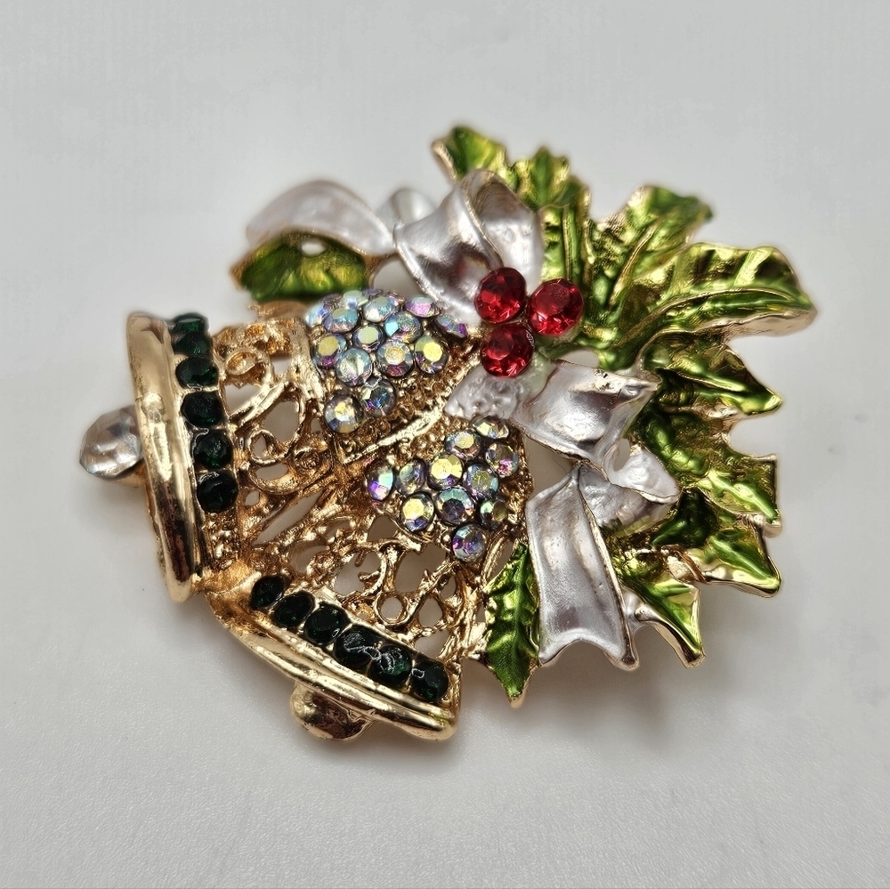 Rhinestone Accent Christmas Holiday Bells Gold Tone Brooch Pin Holiday